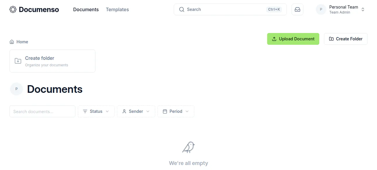 The empty Documenso Documents page after signing in