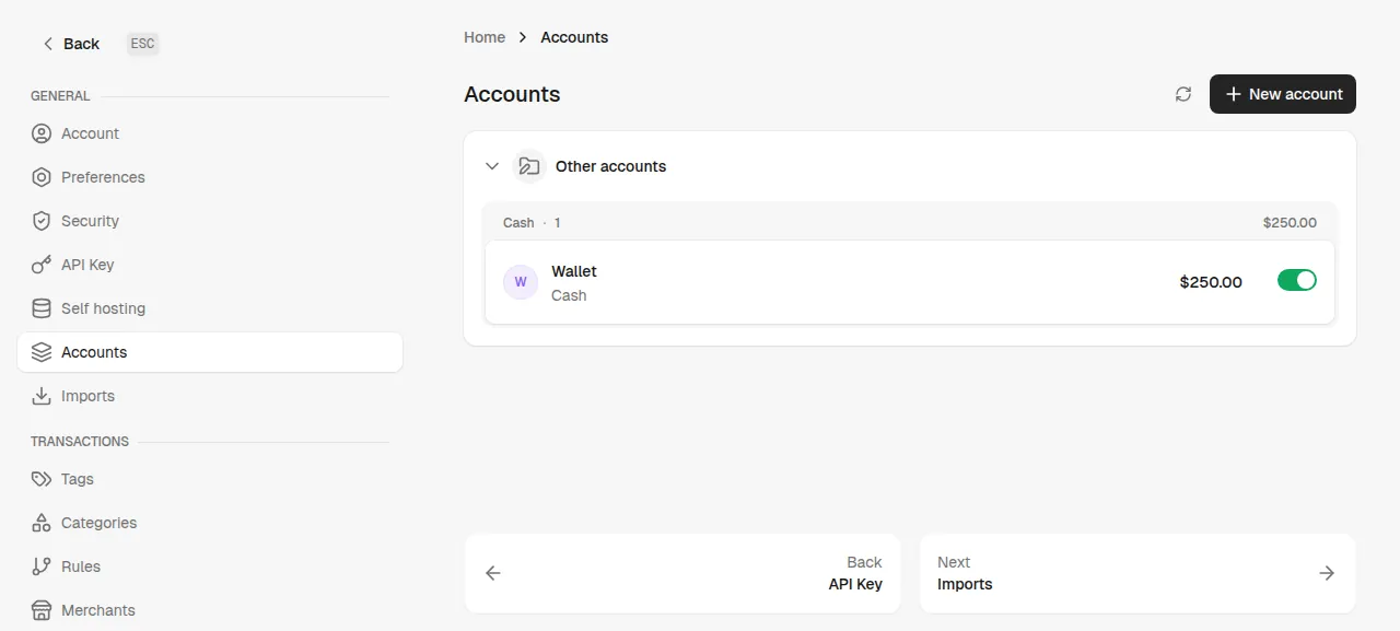 The Maybe Accounts settings with the new cash account Wallet at $250.00