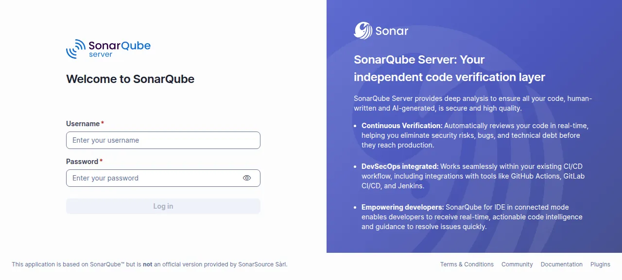 The SonarQube log-in page